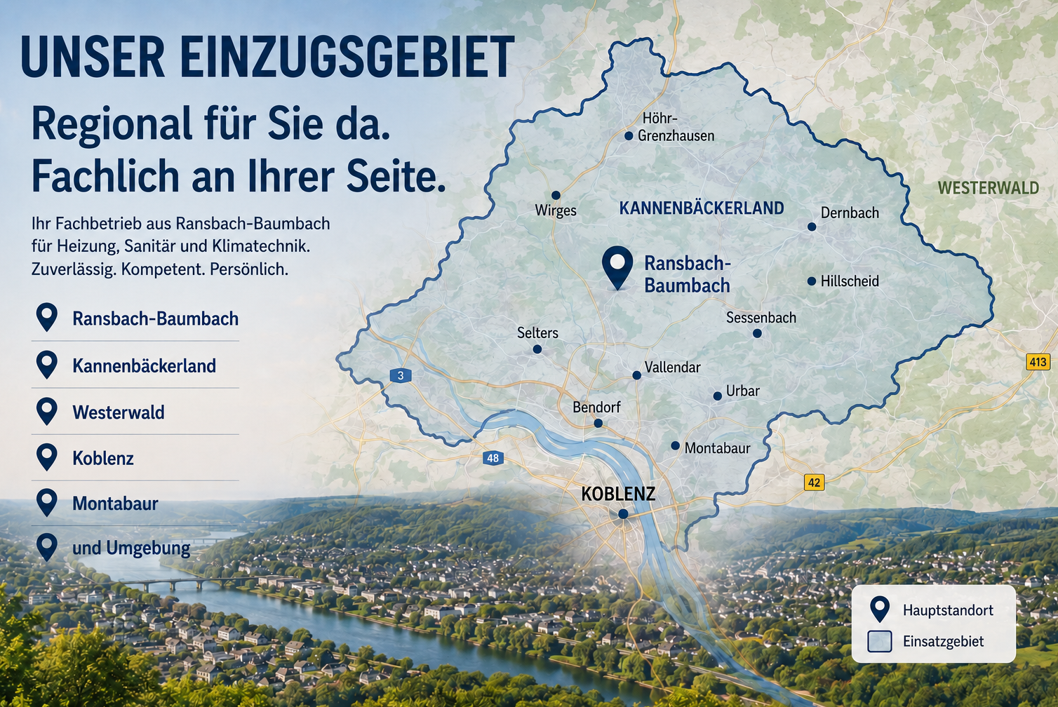 Einzugsgebiete | Heizung, Sanitär & Klima | Cevik Cevik Heizung-Sanitär-Klima aus Ransbach-Baumbach ist in Höhr-Grenzhausen, Montabaur, Koblenz und der Region für Sie im Einsatz.